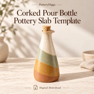 Puede incluir: Una botella vertedora de cerámica con tapón de corcho, de forma cónica y con bandas horizontales en color crema, verde salvia, amarillo mostaza y naranja terracota. El texto PotteryDigga Corked Pour Bottle Pottery Slab Template Digital Download es visible.