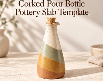 May include: A ceramic pour bottle with a cork stopper, featuring a conical shape and horizontal bands of cream, sage green, mustard yellow, and terracotta orange. The text PotteryDigga Corked Pour Bottle Pottery Slab Template Digital Download is visible.
