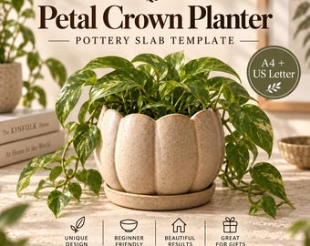 May include: A beige speckled ceramic planter with a scalloped petal-shaped rim and matching saucer, containing a trailing green and yellow variegated pothos plant. Text includes PotteryDigga, Petal Crown Planter, Pottery Slab Template, A4 + US Letter, and Digital Download.