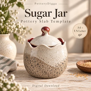 May include: A ceramic sugar jar with a lid, featuring a speckled cream and brown glaze and a scalloped rim. The text reads PotteryDigga Sugar Jar Pottery Slab Template, A4 + US Letter, and Digital Download. The jar has a round knob on the lid.
