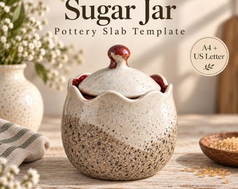 May include: A ceramic sugar jar with a lid, featuring a speckled cream and brown glaze and a scalloped rim. The text reads PotteryDigga Sugar Jar Pottery Slab Template, A4 + US Letter, and Digital Download. The jar has a round knob on the lid.