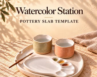 Watercolor Palette Set Pottery Template, Slab Building Pattern, Ceramic Rinse Cups & Brush Rest Tray, Printable Hand building Guide