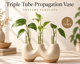 May include: A PotteryDigga Triple Tube Propagation Vase pottery template digital download. The ceramic base is cream-colored with brown speckles and holds three clear glass tubes, each containing a green plant cutting with visible roots.