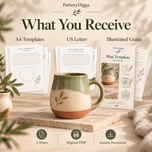 May include: A digital pottery mug template set by PotteryDigga featuring A4 and US Letter size templates, an illustrated guide, and a speckled green and beige ceramic mug with a leaf design. Includes 3 sizes, digital PDF, and instant download.