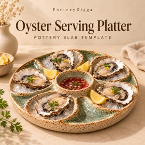 May include: A round, speckled, light green ceramic oyster serving platter with six outer compartments for oysters on ice and a central bowl for sauce. The text Pottery Digga Oyster Serving Platter POTTERY SLAB TEMPLATE is visible.