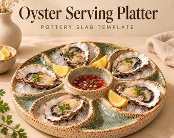 May include: A round, speckled, light green ceramic oyster serving platter with six outer compartments for oysters on ice and a central bowl for sauce. The text Pottery Digga Oyster Serving Platter POTTERY SLAB TEMPLATE is visible.