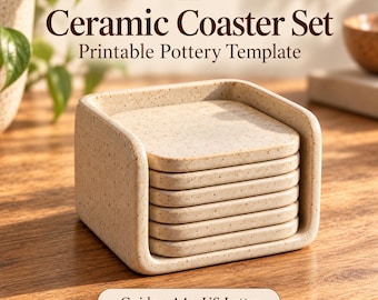 May include: A stack of six square, speckled beige ceramic coasters held in a matching U-shaped holder. The text PotteryDigga Ceramic Coaster Set Printable Pottery Template and Guide + A4 + US Letter is visible on the image.