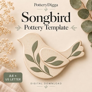 May include: A beige speckled ceramic bird shape with green leaf patterns. The text reads PotteryDigga Songbird Pottery Template, A4 + US LETTER, and DIGITAL DOWNLOAD. The design features a bird body and a separate wing piece with leaf details.