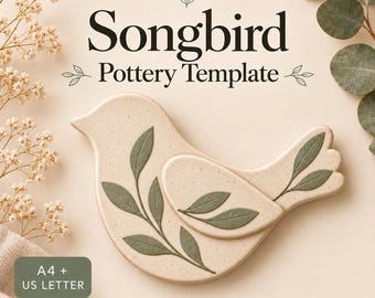May include: A beige speckled ceramic bird shape with green leaf patterns. The text reads PotteryDigga Songbird Pottery Template, A4 + US LETTER, and DIGITAL DOWNLOAD. The design features a bird body and a separate wing piece with leaf details.