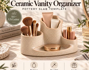 May include: A beige speckled ceramic vanity organizer with three distinct compartments for holding makeup brushes, tubes, and small items. The text PotteryDigga Ceramic Vanity Organizer Pottery Slab Template A4 + US Letter is visible.