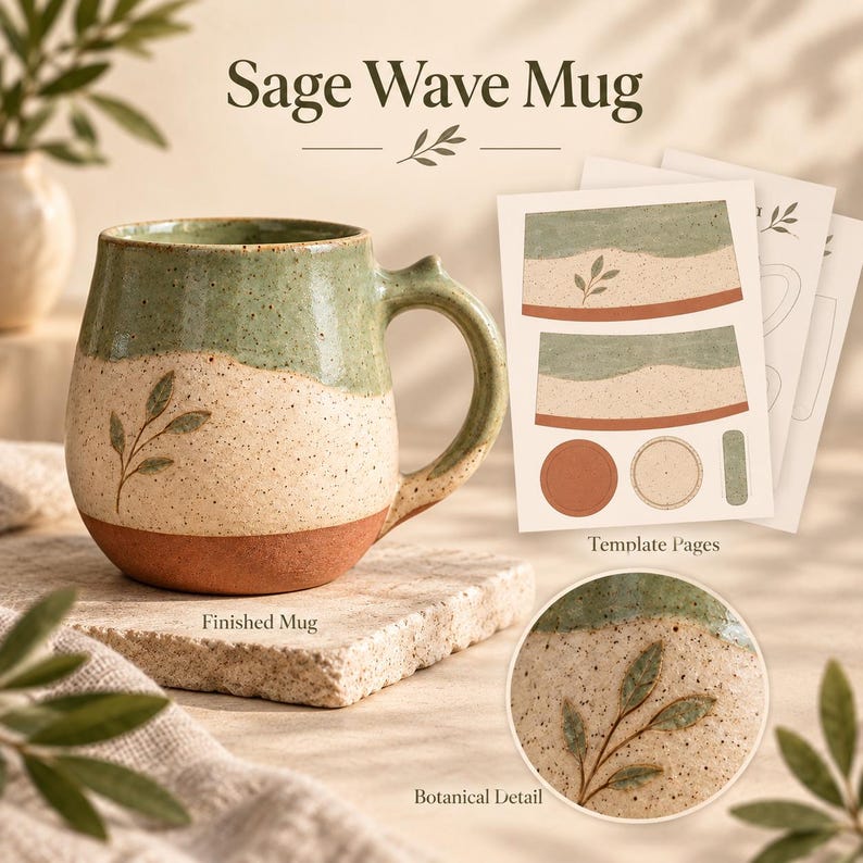 May include: A ceramic mug with a sage green, speckled cream, and terracotta base featuring a botanical leaf design. The image includes text reading Sage Wave Mug, Finished Mug, Template Pages, and Botanical Detail with paper templates.