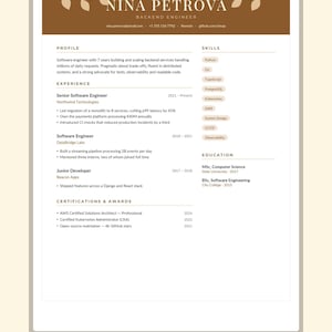 May include: A CV template featuring a brown header with white leaf illustrations and the name Nina Petrova. The document includes sections for profile, experience, skills, education, and certifications, with text detailing a backend engineer career path.
