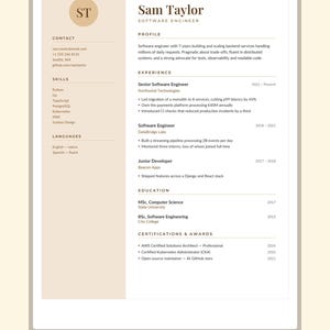 May include: A professional CV template for a software engineer named Sam Taylor. The document features a two-column layout with a beige sidebar containing contact details, skills, and languages, and a white main section detailing experience.