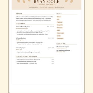 May include: A digital CV template for a DevOps Engineer named Ryan Cole. The document features a beige header with leaf illustrations, contact details, professional profile, work experience, skills, education, and certifications in black text.