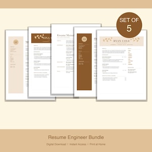 Könnte beinhalten: Ein Set aus fünf Lebenslauf-Vorlagen in einem professionellen Layout mit braunen und beigen Farbtönen. Jedes Dokument enthält Abschnitte für Profil, Erfahrung, Bildung und Fähigkeiten sowie ein rundes Abzeichen mit der Aufschrift SET OF 5.