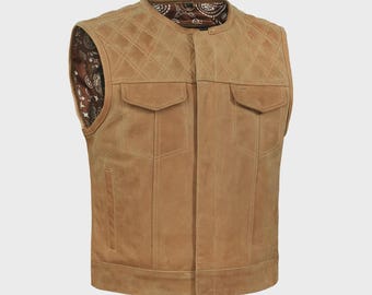 Gilet de motard en cuir marron pour homme | Gilet de motard fait main | Gilet matelassé en cuir de vachette | Cadeau pour lui