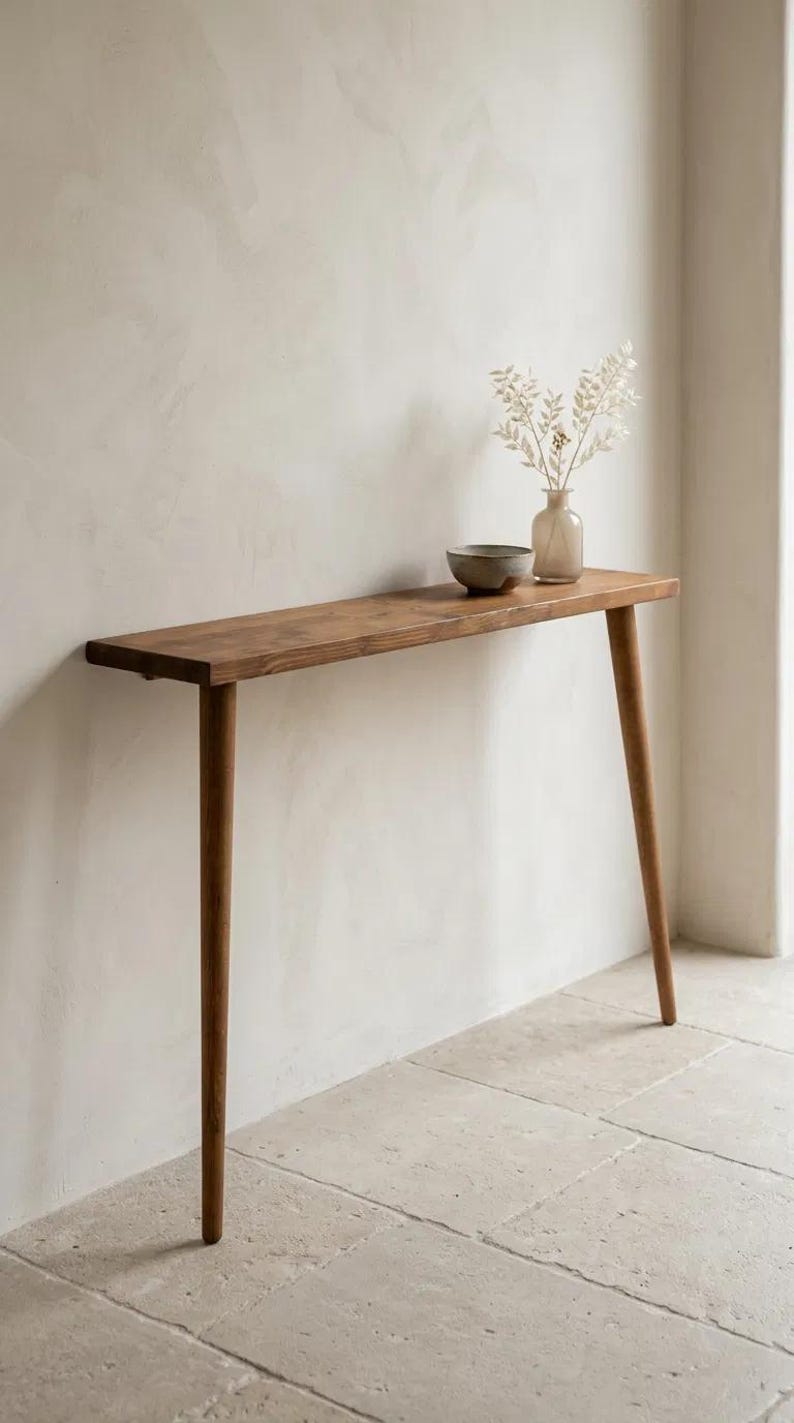 Pode incluir: Uma mesa consola estreita de madeira com um tampo retangular e quatro pernas c&oacute;nicas. Na superf&iacute;cie encontram-se uma pequena ta&ccedil;a de cer&acirc;mica cinzenta e um vaso de vidro transparente com caules bot&acirc;nicos brancos secos.