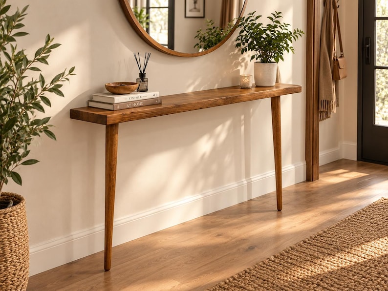 Pode incluir: Uma mesa consola de madeira longa e estreita com um acabamento liso castanho m&eacute;dio e quatro pernas c&oacute;nicas. A superf&iacute;cie da mesa cont&eacute;m dois livros empilhados intitulados Kinfolk e At Home, uma ta&ccedil;a de madeira, um difusor e uma planta.