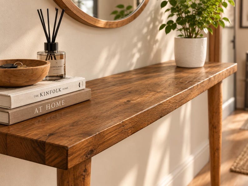 Pode incluir: Uma mesa consola retangular de madeira comprida com acabamento de gr&atilde;o natural e pernas c&oacute;nicas. Na superf&iacute;cie encontram-se dois livros empilhados intitulados The Kinfolk Home e At Home, uma ta&ccedil;a de madeira com chaves e um difusor de varetas.