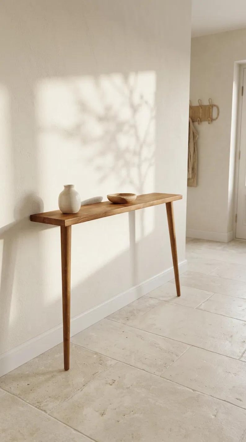 Pode incluir: Uma mesa consola estreita de madeira com quatro pernas c&oacute;nicas e um tampo retangular liso. Na superf&iacute;cie encontram-se um pequeno vaso de cer&acirc;mica branco-sujo e uma ta&ccedil;a de madeira redonda e rasa. A mesa &eacute; feita de madeira castanha clara.