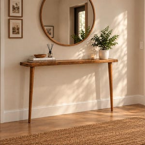 Pode incluir: Uma mesa consola de madeira longa e estreita com quatro pernas c&oacute;nicas. O tampo da mesa apresenta um acabamento de gr&atilde;o de madeira natural e cont&eacute;m uma pilha de livros, uma pequena ta&ccedil;a de madeira, um difusor e uma planta verde.