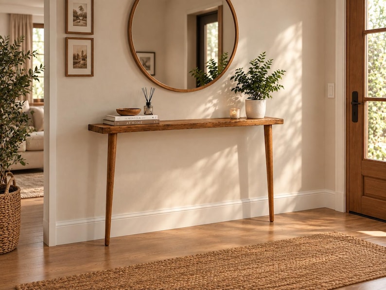 Pode incluir: Uma mesa consola de madeira longa e estreita com quatro pernas c&oacute;nicas. O tampo da mesa apresenta um acabamento de gr&atilde;o de madeira natural e cont&eacute;m uma pilha de livros, uma pequena ta&ccedil;a de madeira, um difusor e uma planta verde.