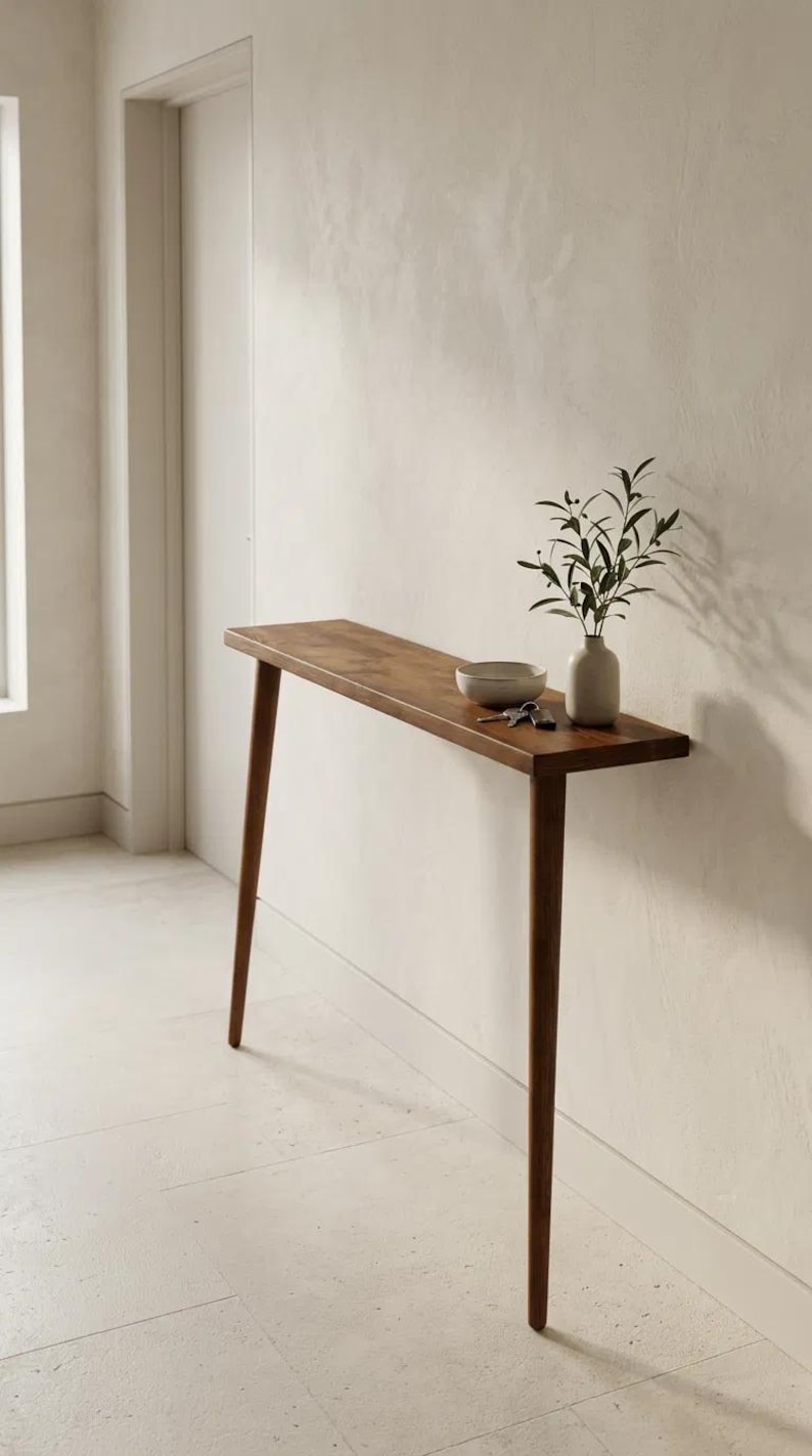 Pode incluir: Uma mesa consola de madeira estreita e retangular com quatro pernas c&oacute;nicas. Na superf&iacute;cie encontram-se uma pequena ta&ccedil;a de cer&acirc;mica clara, um conjunto de chaves de metal e um vaso de cer&acirc;mica clara com um ramo de planta verde.