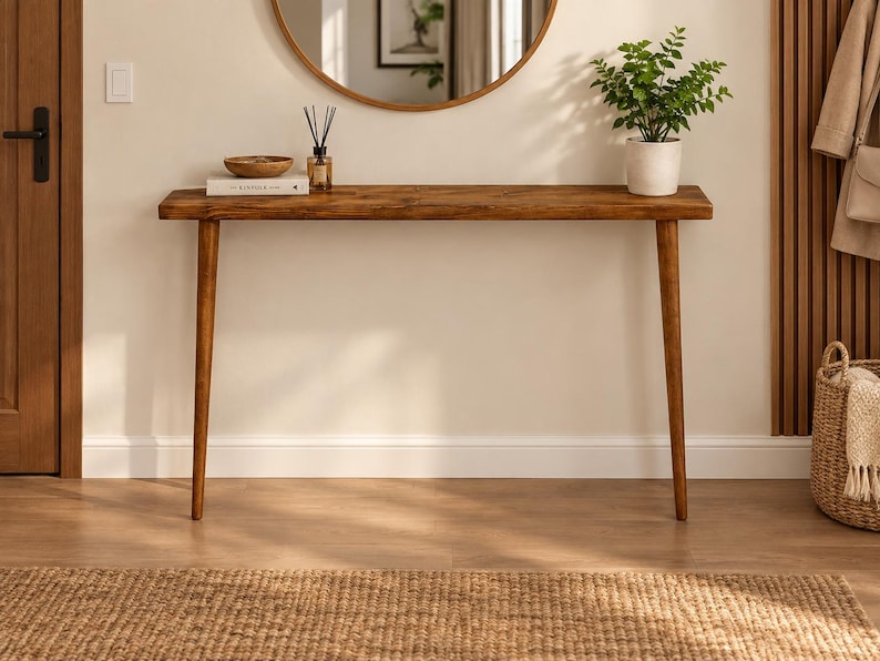 Pode incluir: Uma mesa consola retangular de madeira com acabamento castanho natural e quatro pernas c&oacute;nicas. O tampo da mesa cont&eacute;m um livro branco, uma pequena ta&ccedil;a de madeira, um difusor de varetas de vidro e uma planta verde num vaso.