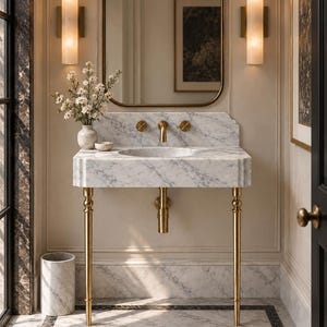 May include: A white marble bathroom vanity with gray veining, featuring a brass faucet and two brass legs. A small marble vase with white flowers sits on the counter next to a mirror, two wall sconces, and a marble waste bin below.