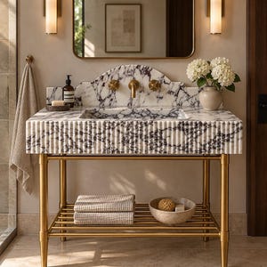Pode incluir: Um móvel de casa de banho com tampo em mármore branco com veios roxos escuros e uma borda frontal canelada. O móvel é suportado por uma estrutura de metal dourado com uma prateleira inferior de ripas com duas toalhas dobradas e uma taça.