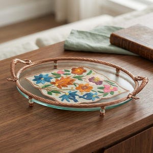 以下が含まれることがあります： 中央にカラフルな花柄の刺繍入り布地をあしらった楕円形のガラス製サービングトレイ。トレイには、ねじれた銅色の金属製リム、2つの装飾的なハンドル、ガラスベースを支える4つの小さな脚が付いています。
