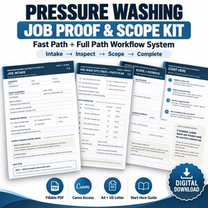 May include: A pressure washing job proof and scope kit featuring a workflow system with intake, inspect, scope, and complete steps. The set includes fillable PDF forms for job intake, site checks, photo plans, and estimates, plus a start guide.