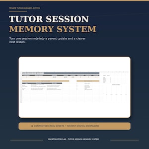 Puede incluir: Una plantilla de hoja de cálculo digital titulada Tutor Session Memory System sobre un fondo azul oscuro. El panel incluye columnas para estudiantes activos, ingresos y notas. El texto indica 11 hojas de Excel conectadas y descarga digital instantánea.