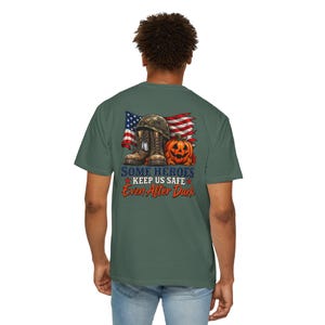 Military Halloween T-Shirt – Flag, Boots, Helmet, Pumpkin (Heavyweight Cotton)