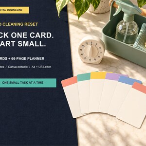 Puede incluir: Un conjunto de descarga digital con 60 tarjetas y un planificador de 66 páginas titulado ADHD CLEANING RESET. El texto dice PICK ONE CARD. START SMALL. y ONE SMALL TASK AT A TIME. Incluye archivos editables de Goodnotes y Canva en A4 y US Letter.