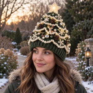 May include: A dark green knit beanie designed to resemble a Christmas tree, featuring a crocheted star topper, integrated warm white string lights, small pinecones, decorative ornaments, and miniature deer figurines nestled within cream-colored trim.