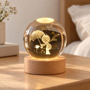 Engraved Glass Sphere Night Light, Boy with Umbrella and Rose, USB Wooden Base, Storybook Bedroom Decor