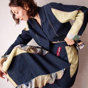 Vintage 2-Piece Set Y2K Linen Cotton Skirt and Jacket, French Designer Style Women's "Je Vous Aime FJVA", Mesh Tulle, Size 44 L XL