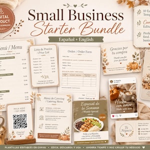 Pode incluir: Um pacote inicial para pequenas empresas com modelos editáveis para menus, listas de preços, formulários de pedido e posts para redes sociais. Os designs incluem motivos de outono com textos em inglês e espanhol.