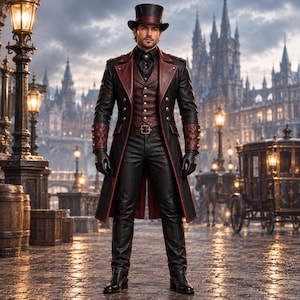 May include: A black top hat, a long black coat with deep red lapels and cuffs, a matching red waistcoat with gold buttons, a black shirt, black trousers, and black gloves. The ensemble features a structured design with metallic accents and a belt.