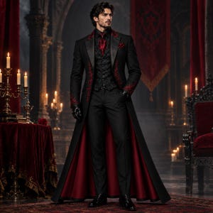 Può includere: Un lungo cappotto nero con ricami rossi sui risvolti e sui polsini, indossato sopra un gilet nero a motivi, una cravatta rossa e pantaloni neri. Il cappotto presenta una fodera rosso scuro, completato da guanti e scarpe di colore nero.