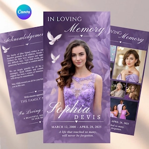 Op de afbeelding: Een uitvaartprogramma-sjabloon in paarse tinten met een portret van een persoon met lang bruin haar in een lavendelkleurige jurk. De tekst luidt In Loving Memory, Sophia Devis, 12 maart 2000 - 28 april 2025, inclusief witte duiven.