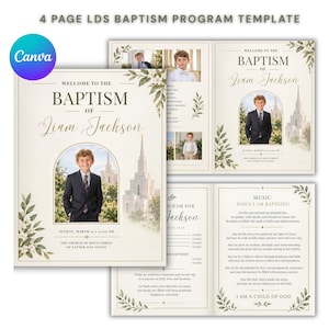 May include: A four-page LDS baptism program template featuring the text Welcome to the Baptism of Liam Jackson, with floral accents, arched photo frames, and sections for music, program details, and religious text on a cream background.