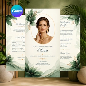 May include: A funeral program template featuring a portrait of a woman inside a gold oval frame, decorated with watercolor green leaves. The text reads In Loving Memory of Olivia, January 1, 19XX - December 31, 20XX, and includes order of service details.