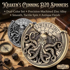 May include: Two circular D20 spinners featuring a raised octopus design. One spinner has an antique brass finish, the other an antique silver finish. Each displays a numbered dial with values 1 through 20. Text reads: Kraken's Cunning D20 Spinners.