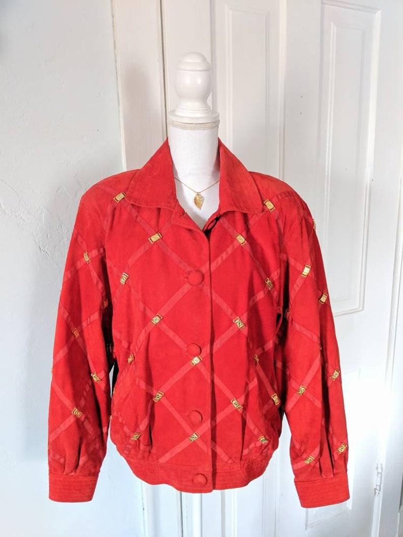 80s90s Vintage Amazing Leather Jacket Window Pane Embellished Gold Hardware Medium Burnt Orange Red