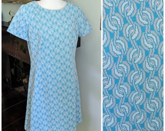 Vintage 60s Large? Blue Fun Pattern Short Sleeve Knit Knee Length Dress Handmade