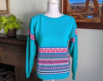 Vintage 80s/90s Turquoise Pink Stripe Patterned Boat Neck Sweater Women's Medium