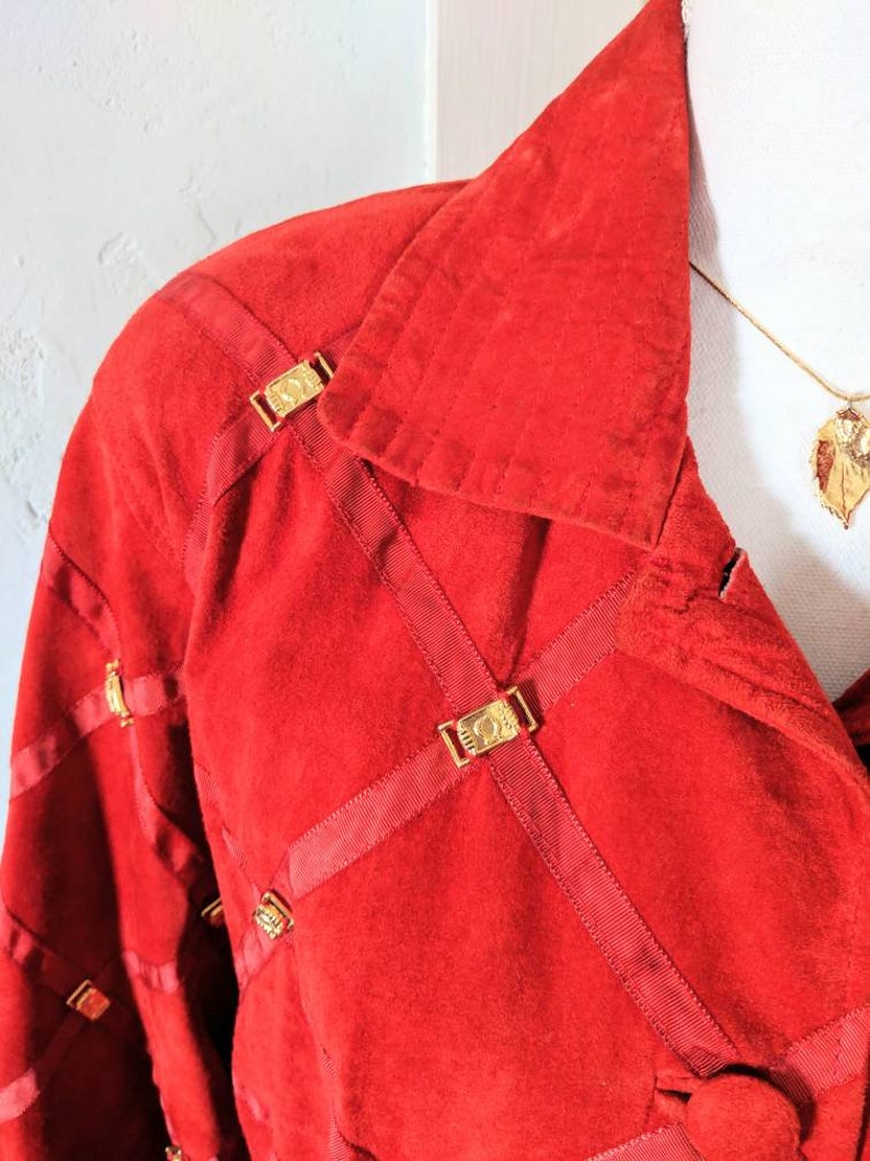 80s90s Vintage Amazing Leather Jacket Window Pane Embellished Gold Hardware Medium Burnt Orange Red