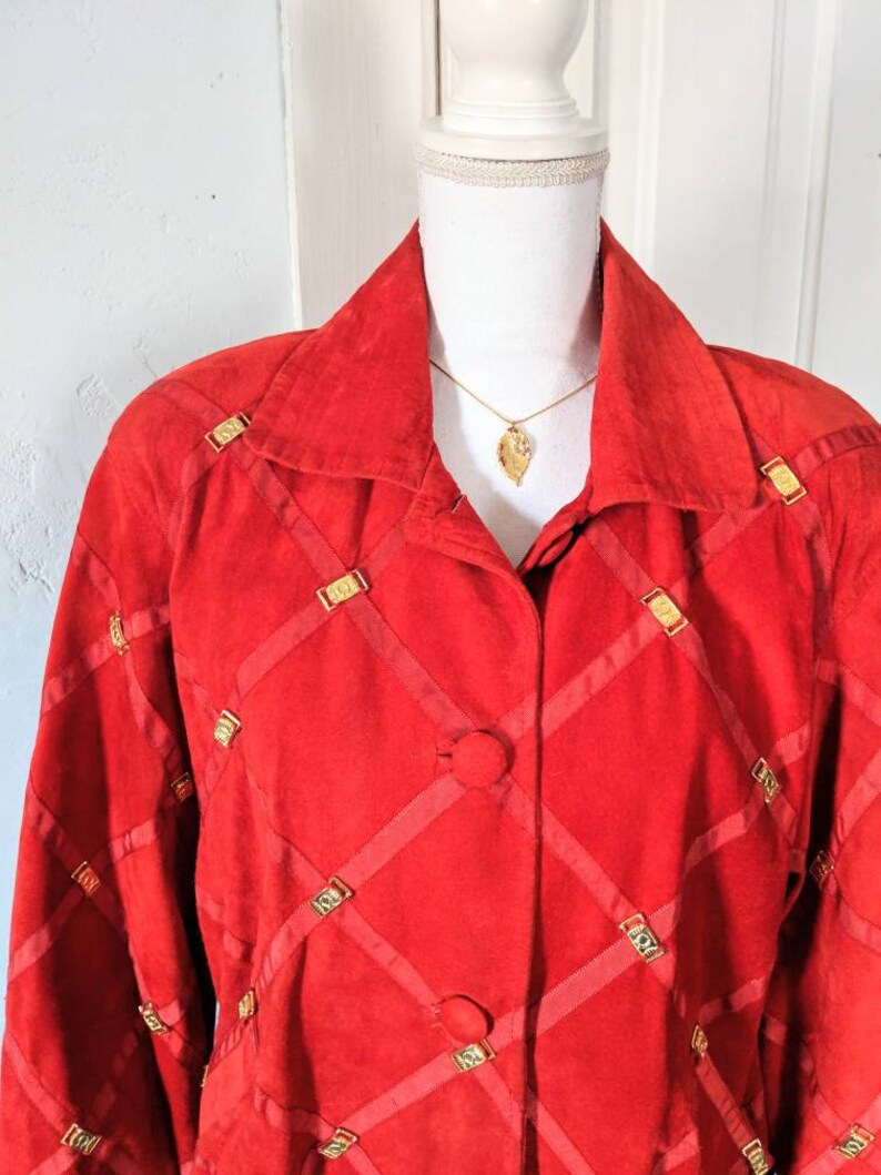 80s90s Vintage Amazing Leather Jacket Window Pane Embellished Gold Hardware Medium Burnt Orange Red